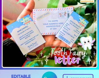 Printable Mini Tooth Fairy Set with envelope, receipt and fairy letter, Instant Download and fully editable tooth fairy set | Canva
