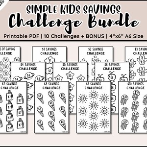 May include: A printable PDF bundle of 10 savings challenges for kids. Each challenge features a different theme and amount to save, from $1 to $10. The challenges are designed to help kids learn about saving money and reach their financial goals.