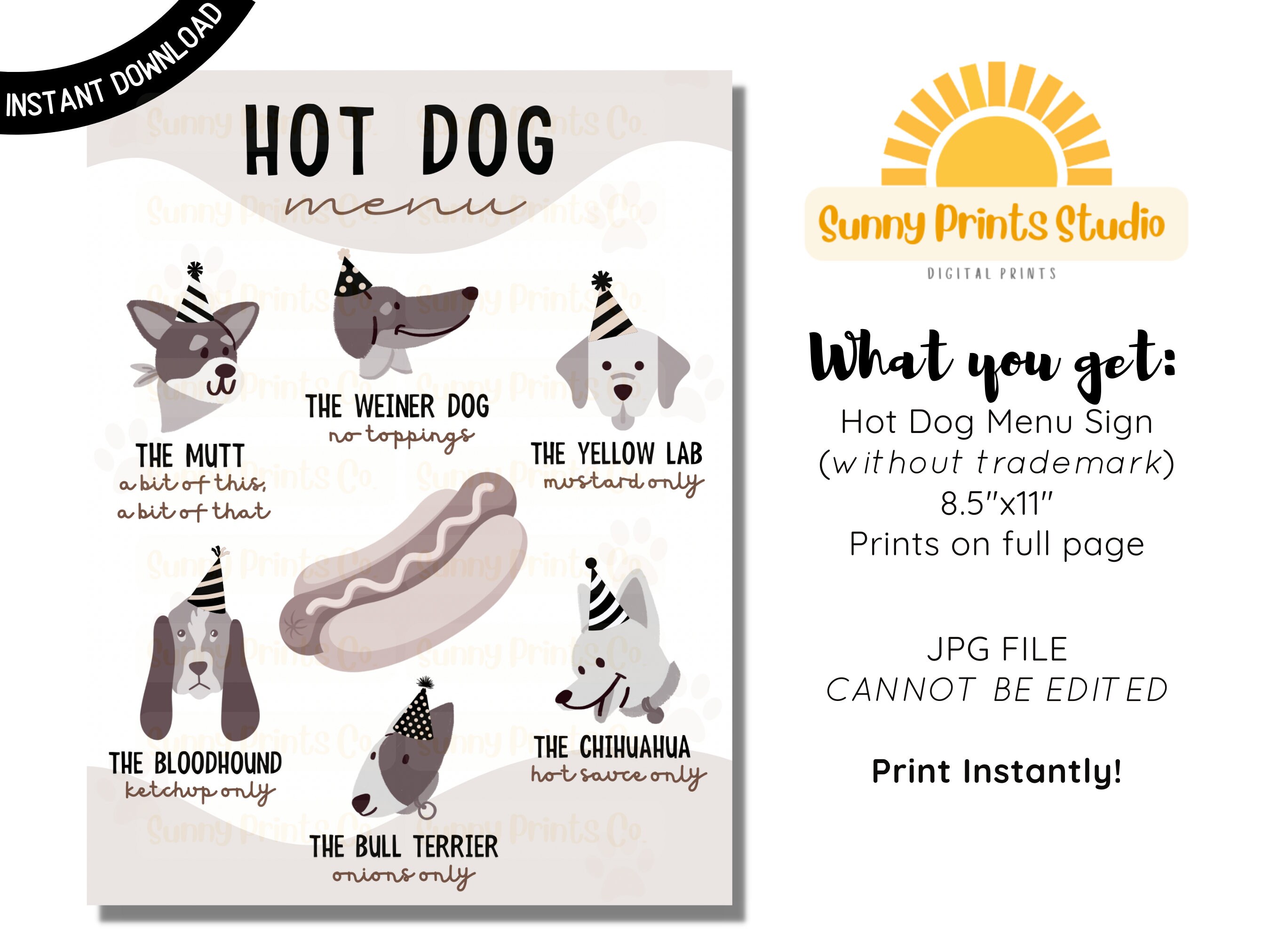 Hot Dog Bar Menu Sign Printable Dog Birthday Party Puppy - Etsy