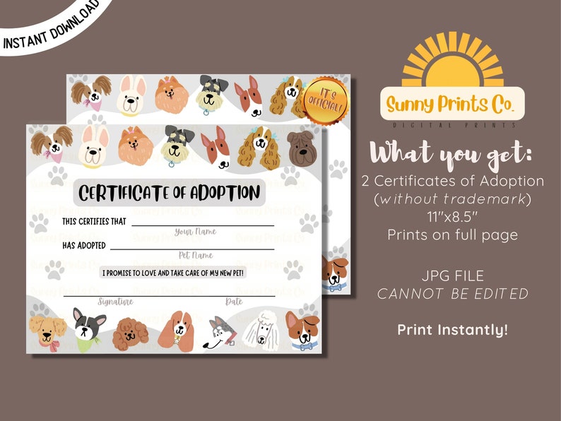 Puppy Adoption Certificate Adopt a Puppy Sign Dog Adoption - Etsy