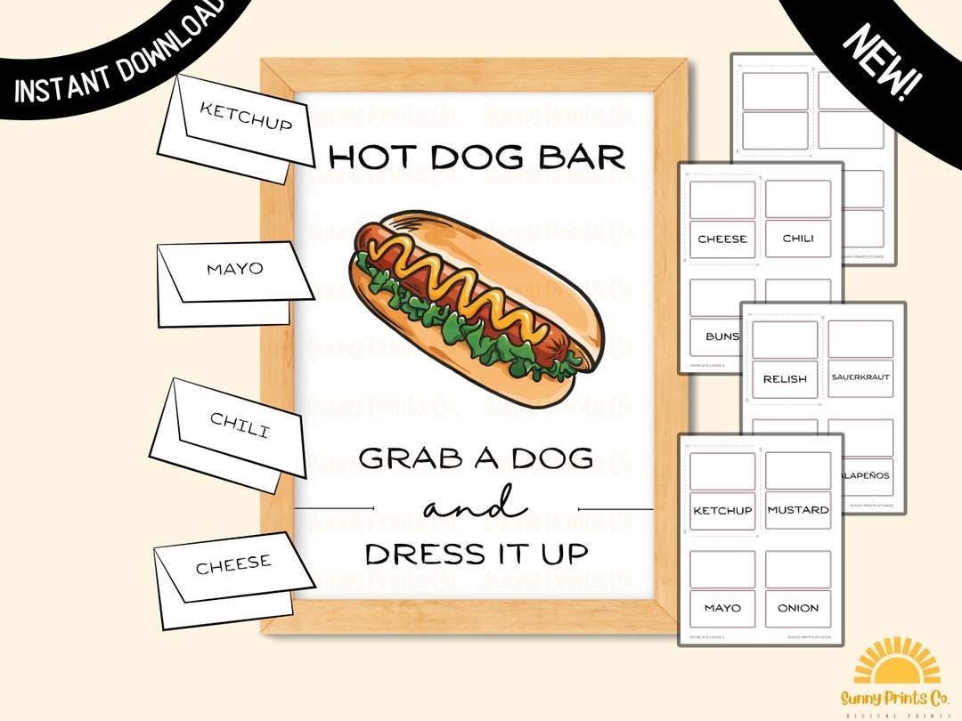 Hot Dog Bar Menu Sign, Printable, Birthday Party, Fourth of July, Food ...