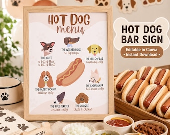 Könnte beinhalten: Ein gerahmtes Hot-Dog-Menüschild mit Illustrationen verschiedener Hunderassen, die mit Hot-Dog-Toppings kombiniert sind. Das Schild enthält Textbeschriftungen für jede Kombination und steht neben einem Holztablett mit Hot Dogs und kleinen Schüsseln.