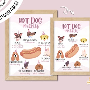 Hot Dog Bar Menu Sign, Printable, Dog Birthday Party, Puppy Adoption, Food, Decoration, PINK | Now Editable on Canva | Instant Download