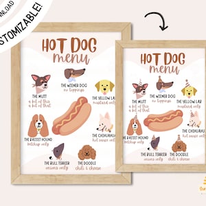 NEU! Neutral Hot Dog Bar Menü Zeichen, Printable, Hund Geburtstagsfeier, Welpen Adoption, Essen, Dekoration| Bearbeitbar auf Canva | SOFORTIGER DOWNLOAD