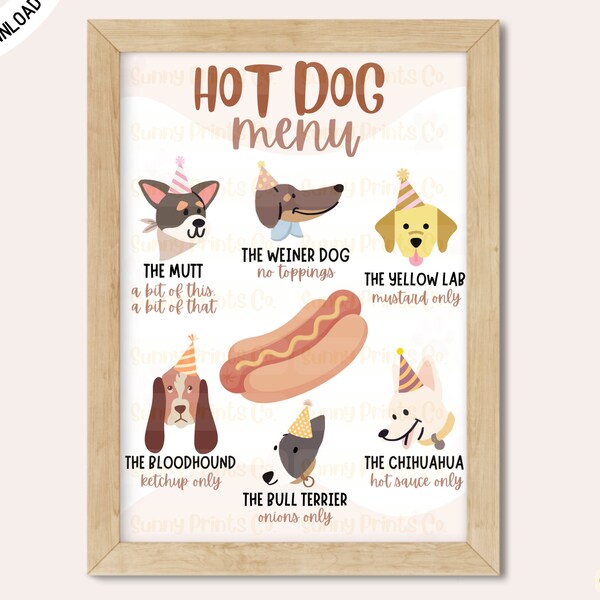Hot Dog Bar Menu Sign, Printable, Dog Birthday Party, Puppy Adoption, Food, Decoration, NEUTRAL | Not Editable, Digital | INSTANT DOWNLOAD