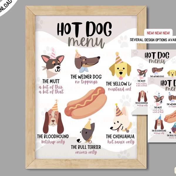 New! Hot Dog Bar Menu Sign, Printable, Birthday Party, Puppy Adoption, Food, Decoration, DARK | Not Editable, Digital | INSTANT DOWNLOAD