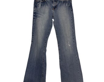 Pantalones vaqueros de mezclilla Vigoss estilo vintage Y2K, acampanados, elásticos, lavado medio, tiro bajo, talla 31 para mujer.