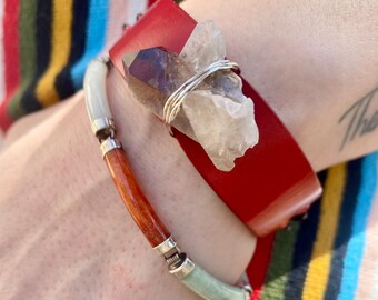 Pulsera de cuarzo ahumado, brazalete de cuero, pulsera de cristal, joyería llamativa