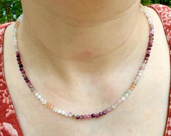 Beaded pink tourmaline necklace, gemstone jewelry, ombre necklace