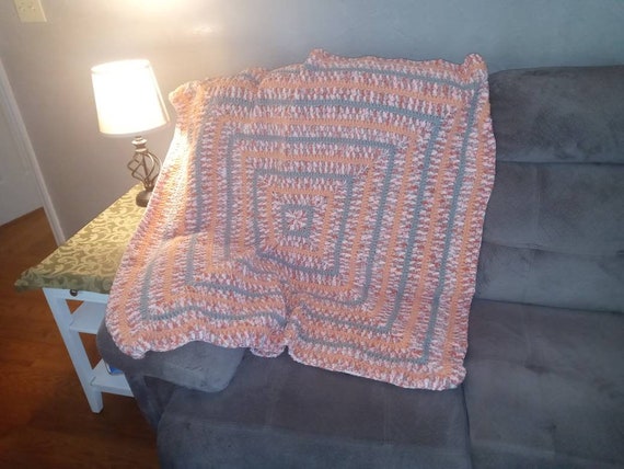 Crochet Baby Blanket: Orange, Gray & White Acrylic Knit - 47"