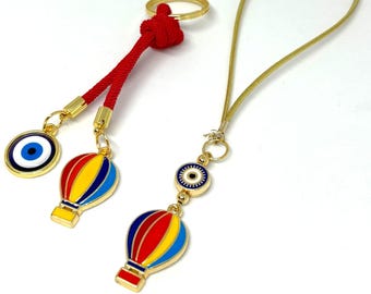Turkish Evil Eye Hot Air Balloon Car Charm and Keychain,Blue Evil Eye Protection Amulet, Love and Luck Rear View Mirror Charm,Evil Eye Charm