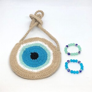 Crossbody Bag, Geschenke für Kinder, gestrickte Mädchentaschen, Evil Eye Elastic Armband, Kinder häkeln Tasche, Kindergeschenkset, Perlenarmband
