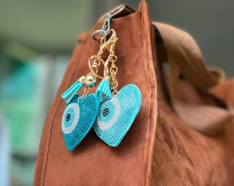 Heart Evil Eye Keychain with Crystals, Bag of Charm, 4 Colors, Protective Amulet, Lucky Gift, Evil Eye Purse Accessory