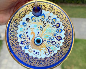 Gold Peacock Evil Eye Wall Hanging, Turkish Evil Eye Home Decor, Shiny Protection Charm, Turkish Nazar Boncuk Charm
