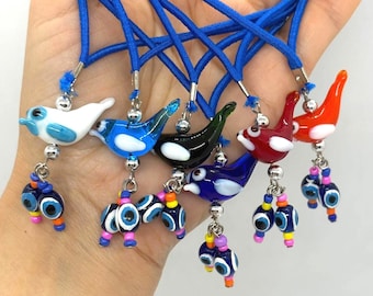 Handmade Glass Bird Evil Eye Car Charm, Colorful Hanging Rearview Mirror Ornament, Turkish Evil Eye Auto Accessory