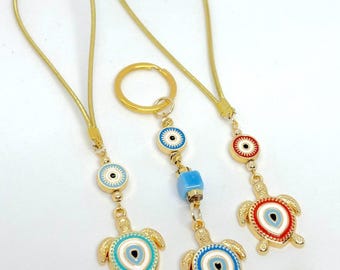 Turkish Evil Eye Turtle Car Charm and Keychain, Blue Evil Eye Protection Amulet, Love and Luck Rear View Mirror Charm, Glass Evil Eye Charm