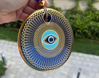 Evil Eye Wall Hanging / Gilded Home Decoration / Best Gift / Gold Color Wall Art / Home Decor / Patterned Glass Ornament/ Wall Decor
