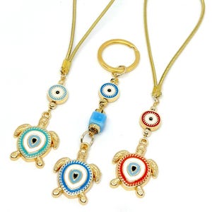 Turkish Evil Eye Turtle Car Charm and Keychain, Blue Evil Eye Protection Amulet, Love and Luck Rear View Mirror Charm, Glass Evil Eye Charm