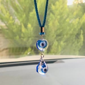 Turkish Evil Eye Car Charm, Blue Glass Evil Eye Protection Amulet, Love and Luck Rear View Mirror Charm, Glass Evil Eye Charm