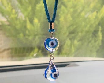 Turkish Evil Eye Car Charm, Blue Glass Evil Eye Protection Amulet, Love and Luck Rear View Mirror Charm, Glass Evil Eye Charm