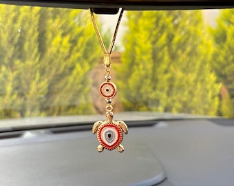 Colorful Turkish Evil Eye Car Charm, Turtle Evil Eye Protection Amulet, Love and Luck Rear View Mirror Charm, Metal Evil Eye Charm