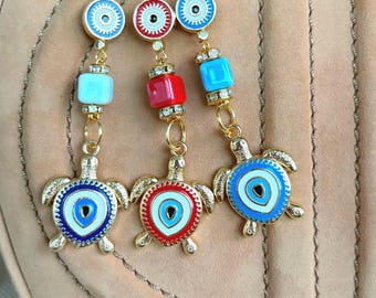 Turtle Evil Eye Keychain, Handmade Lucky Charm Gift, Red, Blue, Navy Colors, Turtle Keychain, Evil Eye Protection Amulet