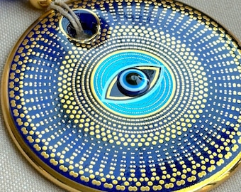 Verguld glazen boze oog wanddecoratie, blauwe huisbeschermingsdecoratie, handgemaakte talisman