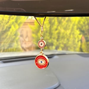 Turkish Evil Eye Car Charm, Gilded Metal Evil Eye Protection Amulet, Love and Luck Rear View Mirror Charm, Glass Evil Eye Charm
