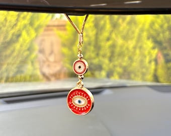 Turkish Evil Eye Car Charm, Gilded Metal Evil Eye Protection Amulet, Love and Luck Rear View Mirror Charm, Glass Evil Eye Charm