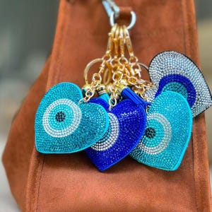 Heart Evil Eye Keychain with Crystals, Bag of Charm, 4 Colors, Protective Amulet, Lucky Gift, Evil Eye Purse Accessory