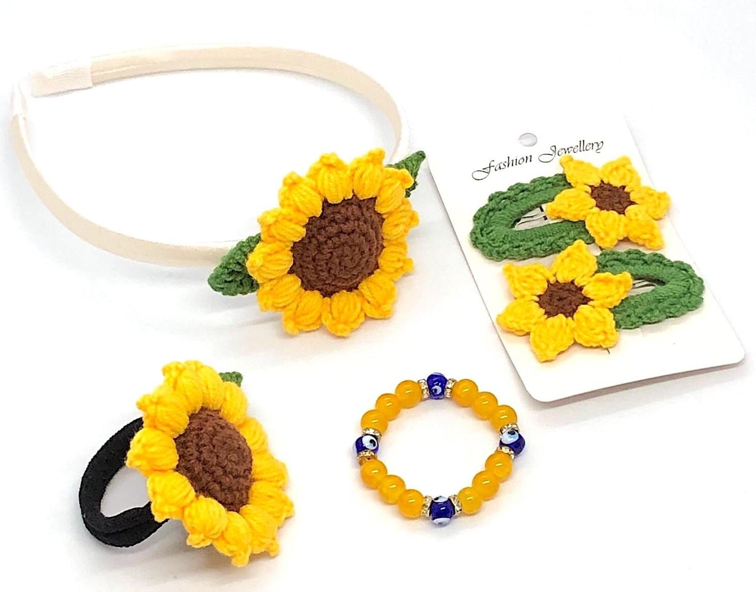 Sonnenblumen-Haarbänder – 2 Stück Set, Gelb & Weiß, Mit 11 Blüten Pro Band