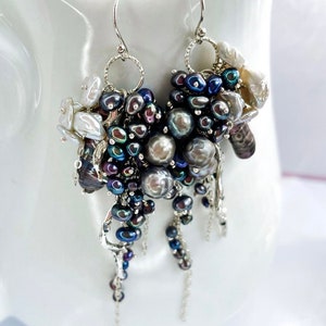 Pearl coral long cluster earrings, a beautiful addition to any jewelry collection, unique Sterling silver coral long statement earrings