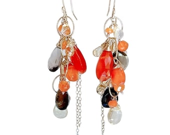 Orange carnelian Earrings statement teardrop dangle earrings w/ honey citrine, smoky quartz, hessonite garnet, gold statement earrings