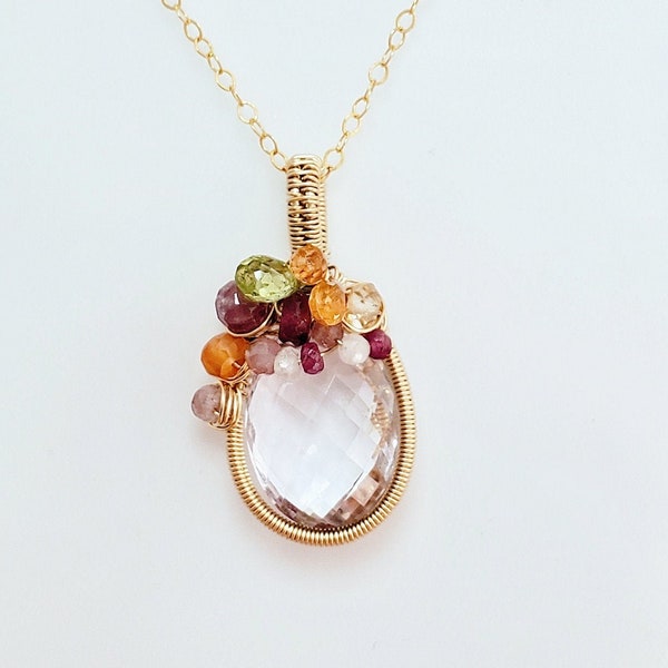 Pink lavender amethyst cluster pendent, orange red floral gemstone , ruby, Pink tourmaline, pink quartz, 14k gold filled pendent necklace