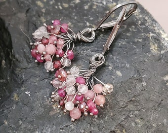 Ruby rose quartz pink red gemstone floral cluster earrings, give your love one a beauty boost w these elegant, feminine earrings