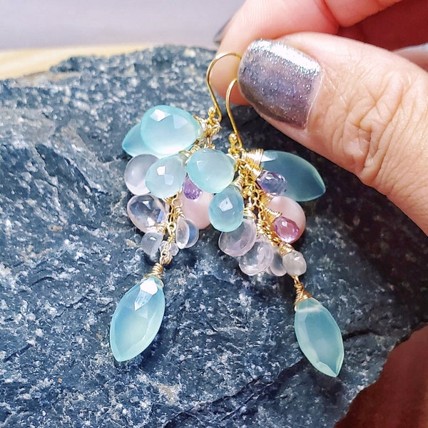 Mint blue chalcedony earrings gold waterfall cascading cluster statement dangle earrings w/ rose quartz, pink opal 14k gold filled earrings