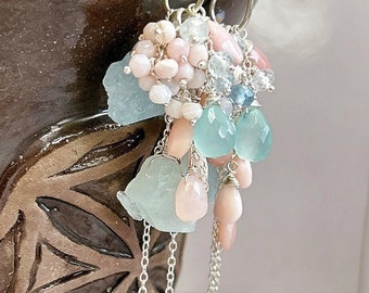 Raw aquamarine sterling silver cluster earrings, a unique jewelry to your collection w pink opal, Aqua chalcedony, aquamarine, special gift