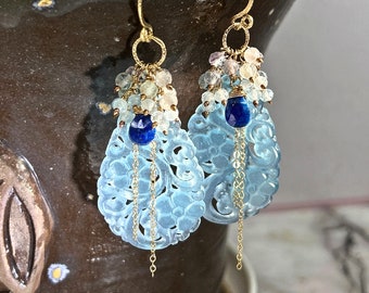 Blue chalcedony earrings handcrafted chalcedony cluster earrings with aquamarine gemstone cluster, lapis lazuli maximalist earrings for her