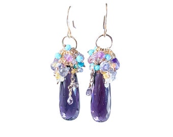 Amethyst earrings gold with sapphire gemstone cluster, a beautiful addition to any jewelry collection, unique handmade eye catching gift