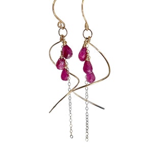 Ruby earrings gold, long Ruby teardrop earrings, wire warp red gemstone cluster, luxury dainty earrings for mom, July birthstone gift