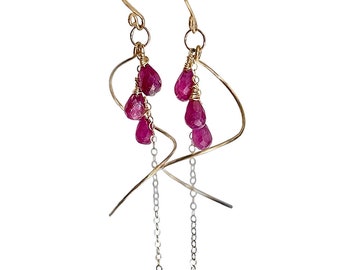 Ruby earrings gold, long Ruby teardrop earrings, wire warp red gemstone cluster, luxury dainty earrings for mom, July birthstone gift