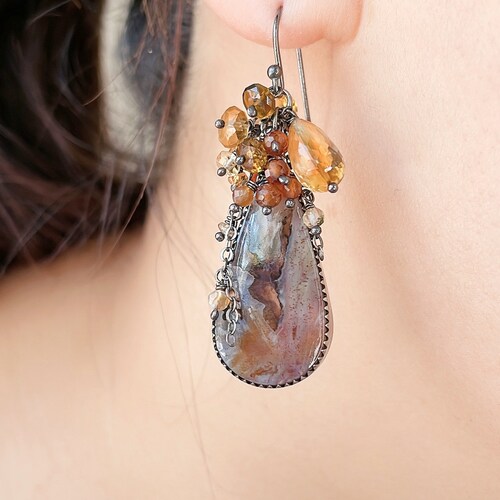Turkey agate cluster earrings, gemstone cluster with orange citrine, shops hessonite garnet, gold pearls. Neutral urban inspired earrings