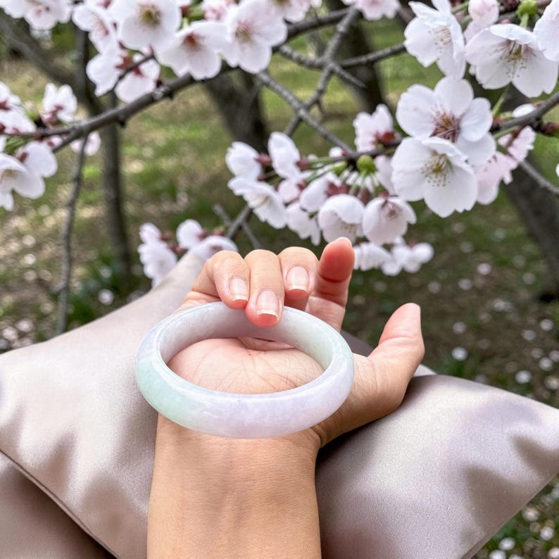 Myanmar jadeite bangle 60mm, spring color, ice Lilac Lavender Faint Green, Certified Grade A Jade, Burmese Gemstone Jewelry 60x15.5x9mm image 1