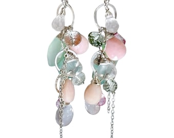 Mint blue earrings spring easter pastel outfit earrings with aqua chalcedony/rose quartz/pink opal waterfall chandelier colorful earrings