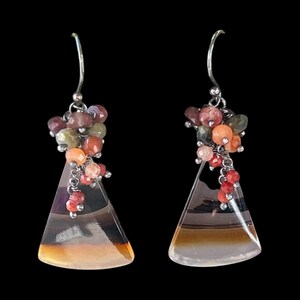 Montana agate earrings, thousand layered agate gemstone earrings with patina sterling silver, green Opal and carnelian, gemstone earrings