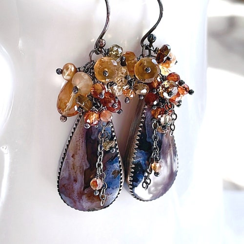 Turkey agate cluster earrings, gemstone cluster with orange citrine, shops hessonite garnet, gold pearls. Neutral urban inspired earrings