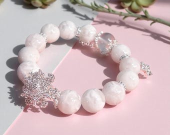 White snowflake phantom quartz stretch bracelet, 12MM natural gemstone phantom quartz, milky quartz. High quality gemstone bracelet