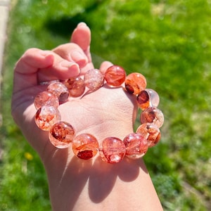 Armband vuur hematoïde-kwarts, 15 mm hoogwaardige hematoïde lepidocrociet-kwarts kralenarmband, natuurlijk kristal, helende energiebooster