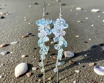 Blue topaz long dangle earrings, blue topaz, aquamarine cluster earrings in sterling silver, March birthstone gift idea