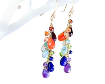 Rainbow gemstone earring dangle vibrant cluster earrings with garnet blue topaz peridot iolite amethyst waterfall cascading earrings in gold